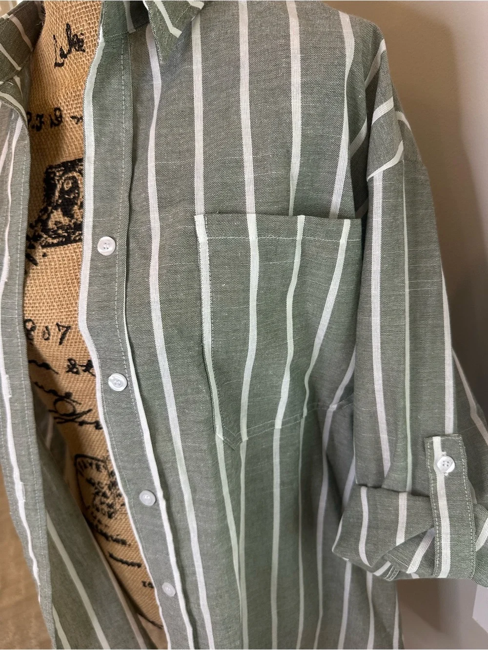 Striped Sage Green Button-Up Storage Shirt Organizer